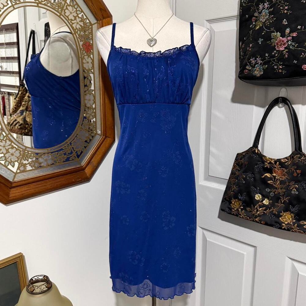 Y2K California Concepts Dark Blue & Silver Glitter Floral Milkmaid Mini Dress